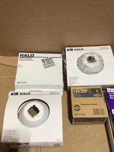 Halo E26 Series 4 in. Black Recessed Ceiling Light & Halo 6 in. Recessed Trims. See Pictures