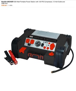 BLACKDECKER 500-Watt Portable Power Station with 120 PSI Compressor, 12-Volt Outlet and USB Port. See Pictures