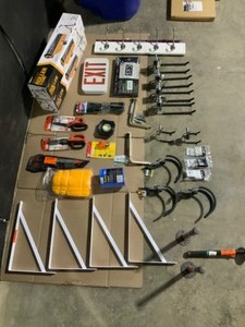 Various Brands of Roller Stands, Fast Track Kit, Snips, Shears, Shelving Brackets, Hooks, Screwdriver Set & More Various Conditions. See Pictures