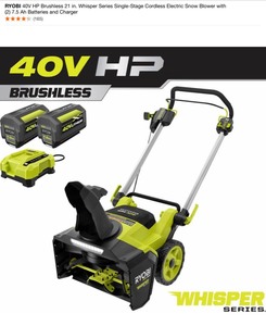 RYOBI 40V HP Brushless 21 in. Whisper Series Single-Stage Cordless Electric Snow Blower with (1) 7.5 Ah Battery and Charger. See Pictures