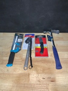 Various Branded 12 in. Chain Wrench, Hammer, Box Cutter & 12 in. Hack Saw with Soft Grip. See Pictures