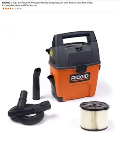 RIDGID 3 Gal. 3.5-Peak HP Portable WetDry Shop Vacuum with Built-in Dust Pan, Filter, Expandable Hose & Car Cleaning Accessory Kit. See Pictures