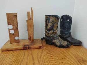 Handmade Wood Cactus Dcor & Two Decorative Boots