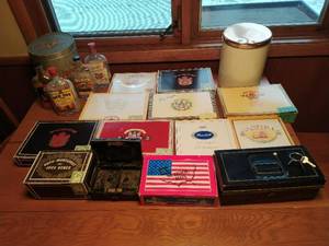 lot 215 image: Collection of Vintage Boxes, Tins, and Bottles