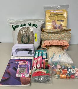 Lot of Vintage Sewing Supplies, Thread, BeBazzler, Elastic, Knitting Bag and More