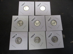 6. Lot of (8) Mercury Silver Dimes including the dates of 1936-P, 39-P, 41-P, 42-P, 43-P, 44-P, 44-D and 45-P