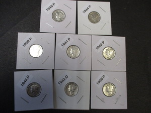 7. Lot of (8) Mercury Silver Dimes including the dates of 1935-P, 39-P, 41-P, 42-P, 43-P, 43-D, 44-P and 45-P