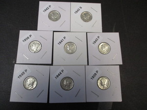 9. Lot of (8) Mercury Silver Dimes including the dates of 1936-P, 39-P, 41-P, 42-P, 43-P, 43-S, 44-P and 45-P