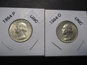 10. 1964-P and 1964-D Washington Silver Quarters with Original Mint Luster and Cartwheel Effect.