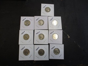 75. Lot of (10) Buffalo Nickels w dates and mint marks including 1920-P, 26-P, 28-P, 29-P, 30-P, 34-P, 35-P, 36-P, 37-P, 37-S