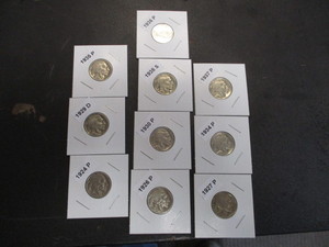 76. Lot of (10) Buffalo Nickels w dates and mint marks including 1924-P, 26-P, 27-P, 29-D, 30-P, 34-P, 35-P, 35-S, 36-P, 37-P