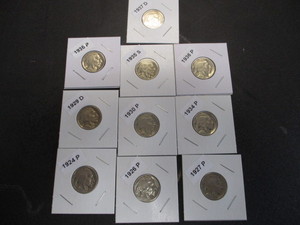 77. Lot of (10) Buffalo Nickels w dates and mint marks including 1924-P, 26-P, 27-P, 29-D, 30-P, 34-P, 35-P, 35-S, 36-P, 37-D