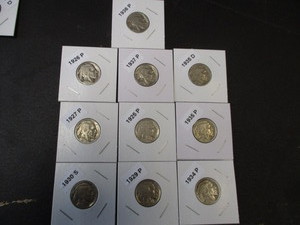 78. Lot of (10) Buffalo Nickels w dates and mint marks including 1925-P, 26-P, 27-P, 29-P, 30-S, 34-P, 35-D, 35-S, 36-P, 37-P