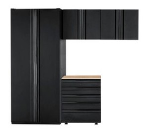 lot 7 image: Husky (4-Piece) Heavy Duty 92 in. W x 81 in. H x 24 in. D Steel Garage Cabinet Set in Black, HTC411020 - Main Cabinet Scratch and Dent on RH Door Bottom.