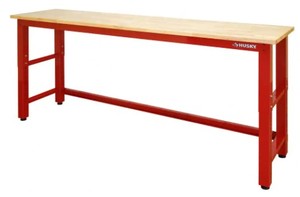 lot 24 image: UNCLAIMED FREIGHT, CARTON DAMAGE, Husky 8 ft. Adjustable Height Solid Wood Top Workbench in Red for Ready to Assemble Steel Garage Storage System, HOWT96XDB21. -