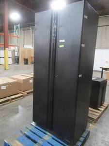 lot 3 image: Heavy Duty Welded 36 in. W x 81 in. H x 24 in. D 20-Gauge Free Standing Steel Tall Garage Cabinet in Black, HTC1000008 - Scratch and Dent, Lock does not latch properly.