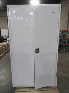 lot 4 image: Sandusky Elite Series 78 in. H x 46 in. W x 24 in. D 5-Shelf Steel Recessed Handle Storage Cabinet in White, EA4R462478-22 - Doors Dented, Lock is in locked position, Missing Key - Doors do not shut.