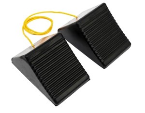 lot 20 image: Maxxhaul 8 in. x 5 in. x 4 in. Rubber Wheel Chock with Rope (2-Pack), 50012,
