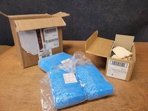 lot 263 image: (150) Skid Resistant Shoe Covers and Partial Box of Avery Shipping Tags w Wire - 4-34 x 2-38
