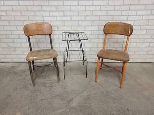 lot 354 image: Pair of Vintage Wood and Metal School Chairs and Metal table - Seats are about 14-12 Tall - NO SHIPPING
