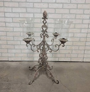 lot 357 image: Ornate Iron Candelabra w 4 Glass Globes - Stands about 31 Tall - NO SHIPPING