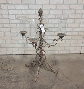 lot 192 image: Ornate Iron Candelabra w 4 Glass Globes - Stands about 31 Tall - NO SHIPPING