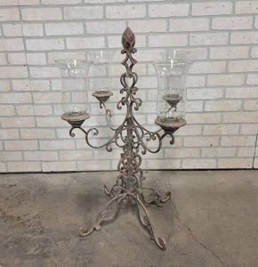 lot 358 image: Ornate Iron Candelabra w 4 Glass Globes - Stands about 31 Tall - NO SHIPPING
