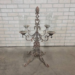 lot 251 image: Ornate Iron Candelabra w 3 Glass Globes - Stands about 31 Tall - NO SHIPPING