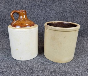 lot 382 image: Whiskey Jug and Crock - Jug is about 11 Tall and Crock is about 8.25 Tall - NO SHIPPING