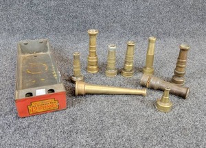 lot 384 image: Collection of Vintage Brass Hose Nozzles and Metal Coin Storage Tray