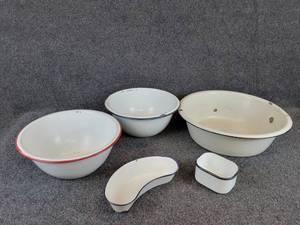lot 387 image: Collection of Vintage Enamel Bowls and More - The Largest is about 16 Diameter