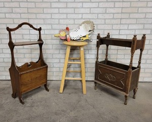 lot 391 image: Pair of Vintage Side Tables, Wood Bar Stools and Whirly-gig Chicken - Stool is about 24 Tall - NO SHIPPING