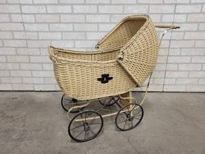 lot 393 image: Antique Wicker Childs Baby Buggy Toy - Overall about 30 x 14 x 27 Tall - NO SHIPPING