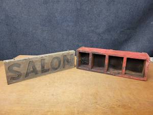 lot 408 image: Carved SALON Hanging Wood Sign (22.5 x 7 x 1.5) and Vintage Wood Organizer Box (23.5 x 7.5 x 7) - NO SHIPPING