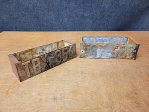 lot 413 image: Pair of Decorative Boxes Made with Vintage License Plates - One is about 12 x 4 x 3.5 and the other is about 12 x 5 x 3.5