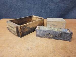 lot 416 image: Antique Wood Ammunition Crate (16 x 9.5 x 5), Old 5 Cigar Box and License Plate Box