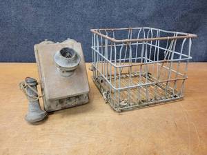 lot 419 image: Antique Telephone and Metal Milk Crate - Crate is about 13 x 13 x 11