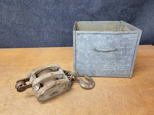 lot 421 image: Vintage Galvanized Box (13 x 12.5 x 10.5) and Antique Wood and Steel Pulley