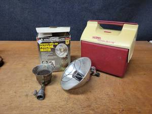 lot 428 image: Pair of Propane Bottle Heaters and Thermos Cooler - NO SHIPPING