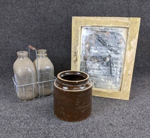 lot 463 image: Small Medicine Chest with Mirror, Brown Crock, and (2) Half Gallon Glass Bottles in Wire Carrier - NO SHIPPING