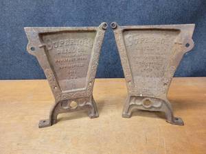 lot 432 image: Ornate Cast Iron Grain Drill Sides Superior Drill Co. - Each is about 16 x 12