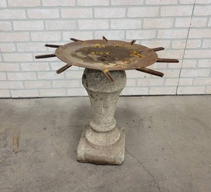lot 437 image: Outdoor Garden Stand - Steel Top w Concrete Base - Overall 21 Tall and About 22 Diameter - NO SHIPPING