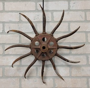 lot 450 image: Antique Cast Iron and Steel Rotary Hoe Wall Hanger - About 17 Diameter