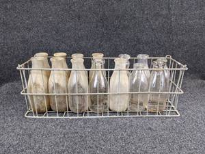lot 450A image: Lot of (14) Quart Milk Bottles in Wire Crate - NO SHIPPING