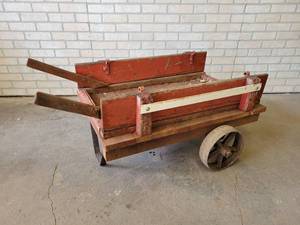 lot 179 image: Garden Art Wagon with Cast Iron Wheels - Overall about 36 x 30 x 20 without the handles - NO SHIPPING