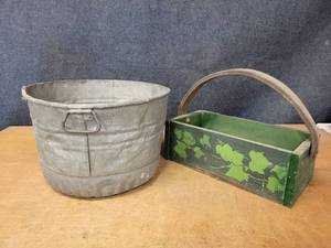 lot 521 image: Vintage Galvanized Tub and Wood Box - Tub is about 17 Diameter x 11.5 Tall - NO SHIPPING