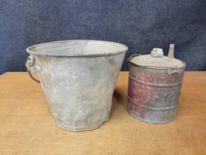 lot 523 image: Vintage Galvanized Bucket and Fuel Can - Bucket is about 14 Diameter x 11.5 Tall - NO SHIPPING
