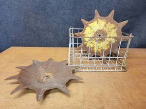 lot 538 image: Metal Crate and (2) Vintage Implement Wall Art Discs - Discs are about 19 Diameter - NO SHIPPING