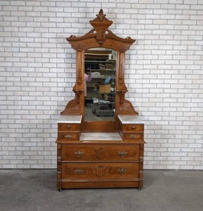 lot 206 image: Beautiful Antique Vanity w Mirror - Pin & Crescent Joints - Marble Tops - NO SHIPPING