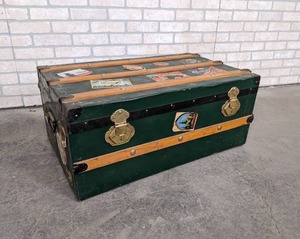 lot 214 image: Antique Travel Trunk with Vintage Stickers and Keys - NO SHIPPING